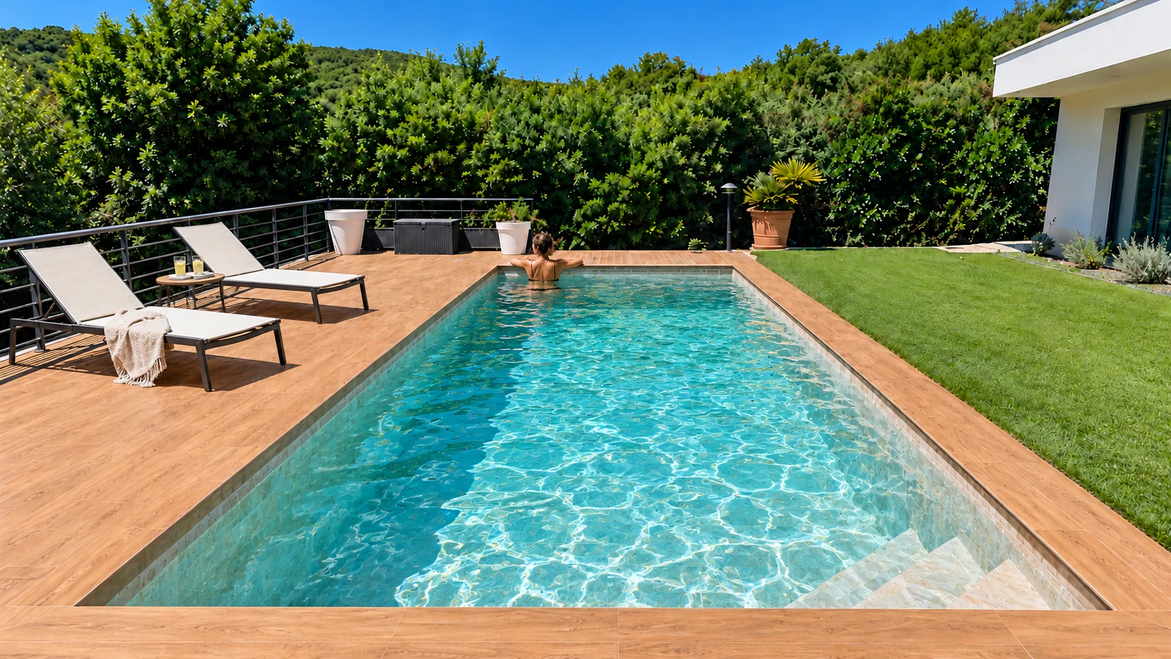 Piscine en eau et terrasse bois, illustration d’un projet